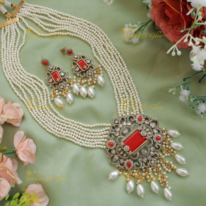 Beautiful Floral pendant Victorian AD haram with multi layer pearl and beads chain - mint green - Sparkle and Glow - Mintgreen - Back Thread