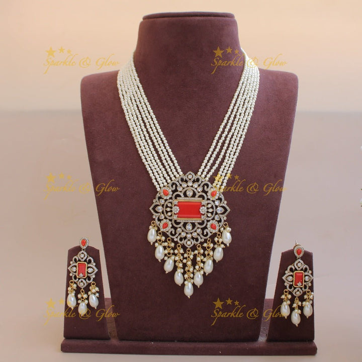 Beautiful Floral pendant Victorian AD haram with multi layer pearl and beads chain - mint green - Sparkle and Glow - Green - Back Thread