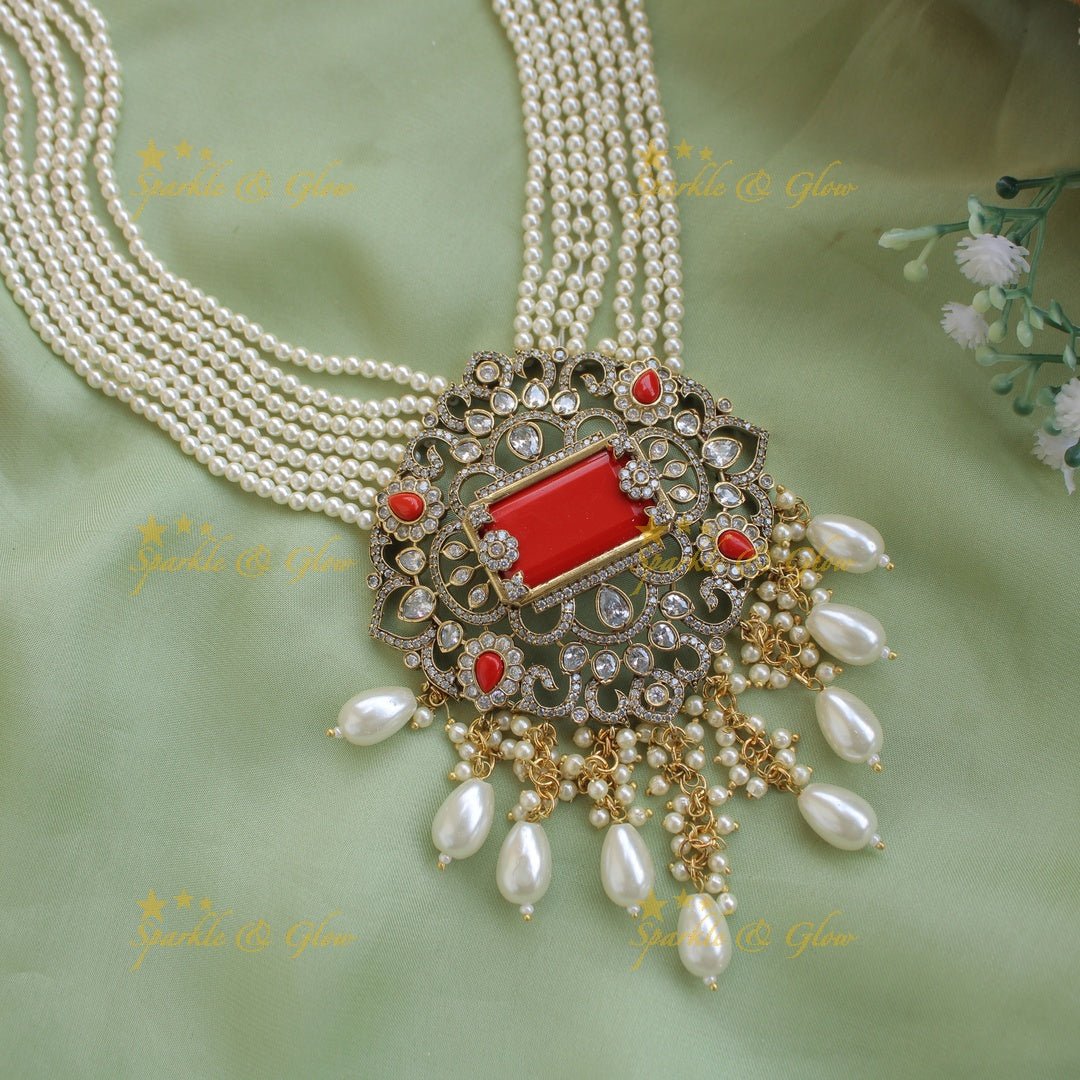 Beautiful Floral pendant Victorian AD haram with multi layer pearl and beads chain - mint green - Sparkle and Glow - Orangepearl - Back Thread