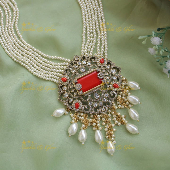 Beautiful Floral pendant Victorian AD haram with multi layer pearl and beads chain - mint green - Sparkle and Glow - Orangepearl - Back Thread