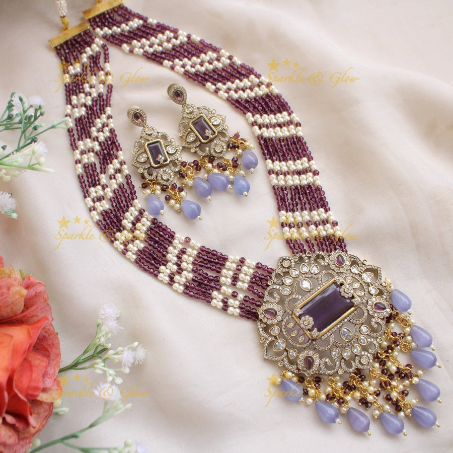 Beautiful Floral pendant Victorian AD haram with multi layer pearl and beads chain - mint green - Sparkle and Glow - Purple - Back Thread