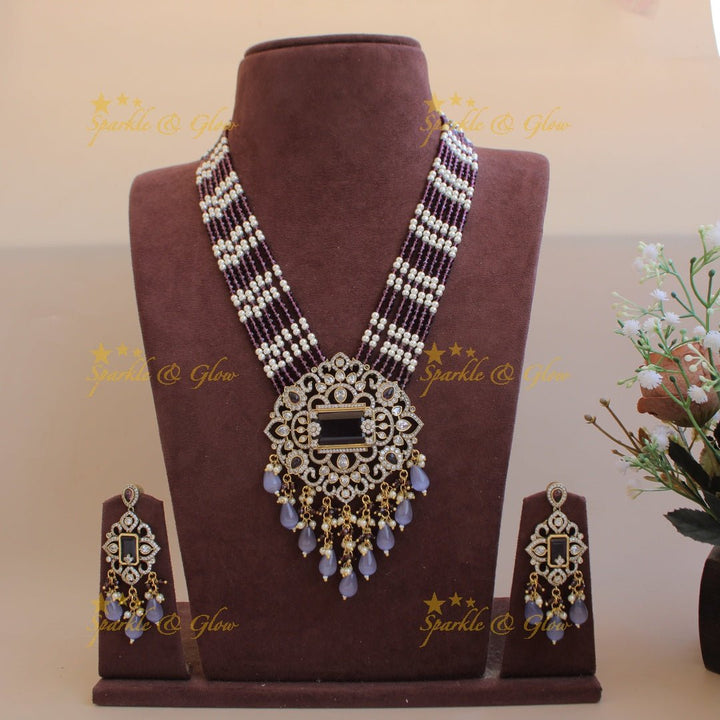 Beautiful Floral pendant Victorian AD haram with multi layer pearl and beads chain - mint green - Sparkle and Glow - Orangepearl - Back Thread