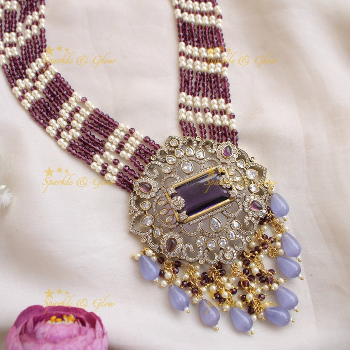Beautiful Floral pendant Victorian AD haram with multi layer pearl and beads chain - mint green - Sparkle and Glow - Pinkmaroon - Back Thread