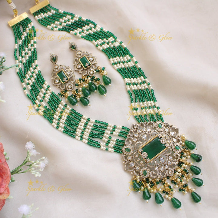 Beautiful Floral pendant Victorian AD haram with multi layer pearl and beads chain - mint green - Sparkle and Glow - Mintgreen - Back Thread