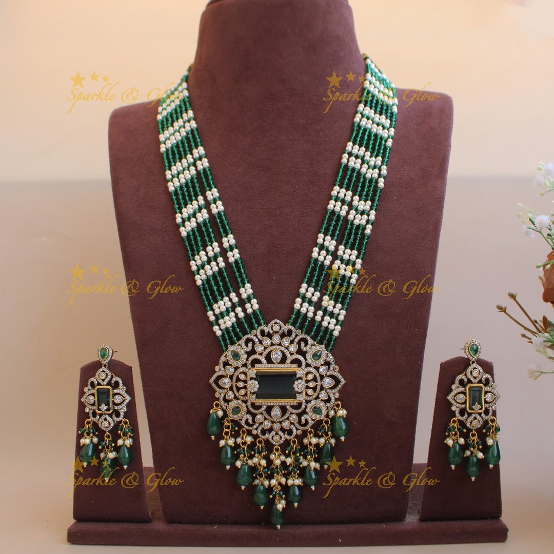 Beautiful Floral pendant Victorian AD haram with multi layer pearl and beads chain - mint green - Sparkle and Glow - Orangepearl - Back Thread