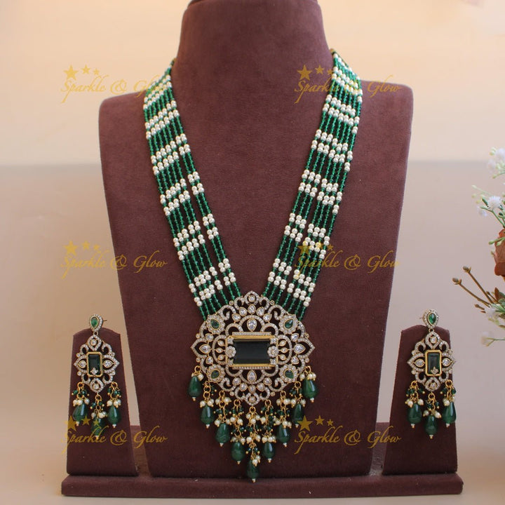 Beautiful Floral pendant Victorian AD haram with multi layer pearl and beads chain - mint green - Sparkle and Glow - Orangepearl - Back Thread
