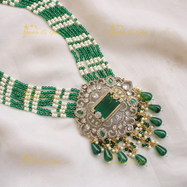 Beautiful Floral pendant Victorian AD haram with multi layer pearl and beads chain - mint green - Sparkle and Glow - Green - Back Thread