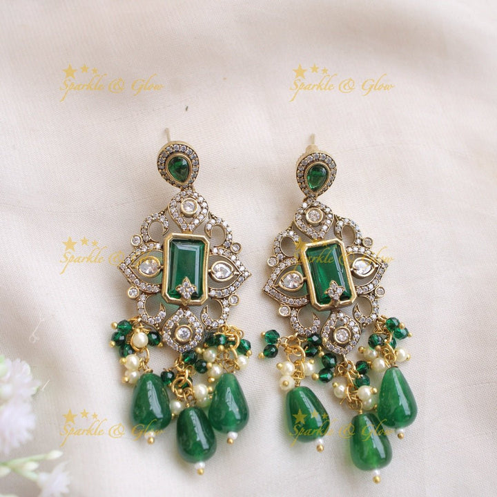 Beautiful Floral pendant Victorian AD haram with multi layer pearl and beads chain - mint green - Sparkle and Glow - Orangepearl - Back Thread