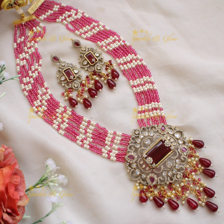 Beautiful Floral pendant Victorian AD haram with multi layer pearl and beads chain - mint green - Sparkle and Glow - Pinkmaroon - Back Thread