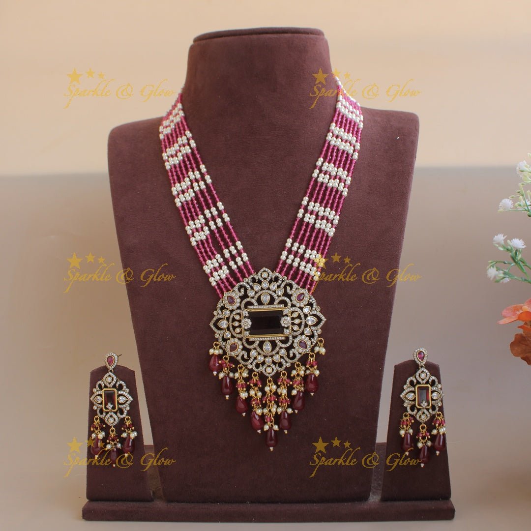 Beautiful Floral pendant Victorian AD haram with multi layer pearl and beads chain - mint green - Sparkle and Glow - Orangepearl - Back Thread