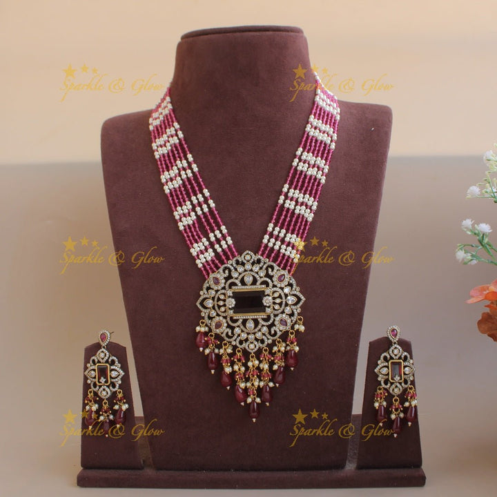 Beautiful Floral pendant Victorian AD haram with multi layer pearl and beads chain - mint green - Sparkle and Glow - Orangepearl - Back Thread