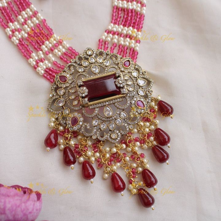 Beautiful Floral pendant Victorian AD haram with multi layer pearl and beads chain - mint green - Sparkle and Glow - Mintgreen - Back Thread