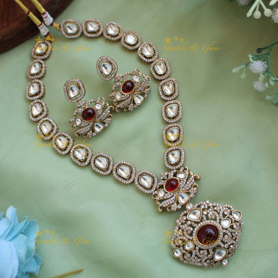 Stunning floral pendant victorian AD short necklace with maroon colour stones - Sparkle and Glow - Maroon - Back Thread