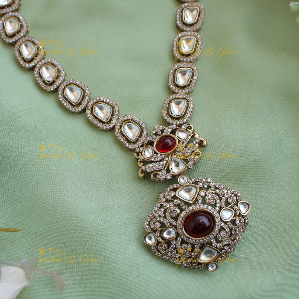 Stunning floral pendant victorian AD short necklace with maroon colour stones - Sparkle and Glow - Mintgreen - Back Thread
