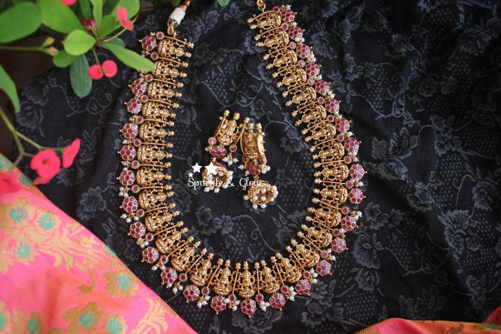 Gold alike Lakshmi haram crafted with green semi precious stones - Green - Sparkle and Glow