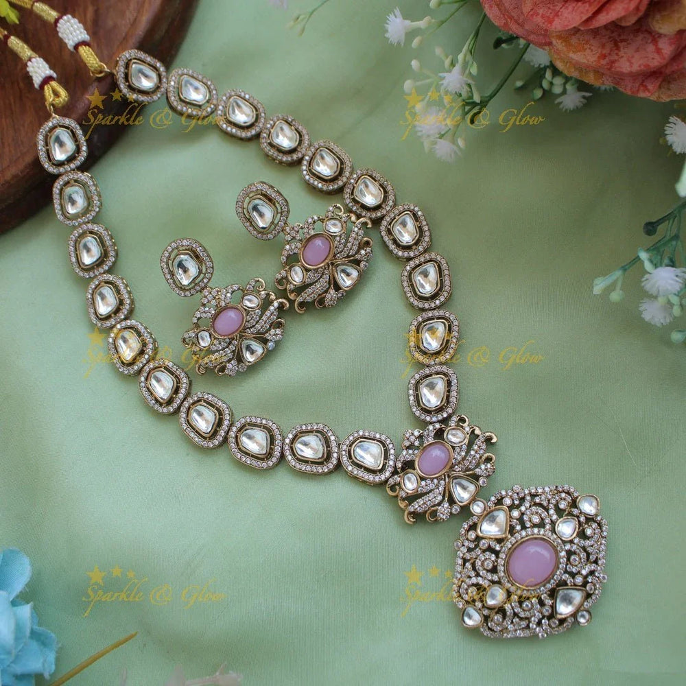 Stunning floral pendant victorian AD short necklace with maroon colour stones - Sparkle and Glow
