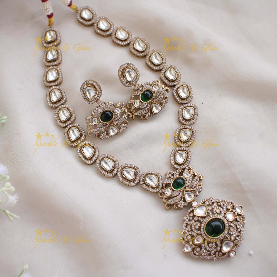 Stunning floral pendant victorian AD short necklace with maroon colour stones - Sparkle and Glow - Green - Back Thread