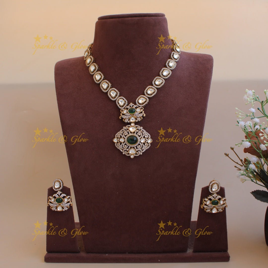 Stunning floral pendant victorian AD short necklace with maroon colour stones - Sparkle and Glow - Mintgreen - Back Thread