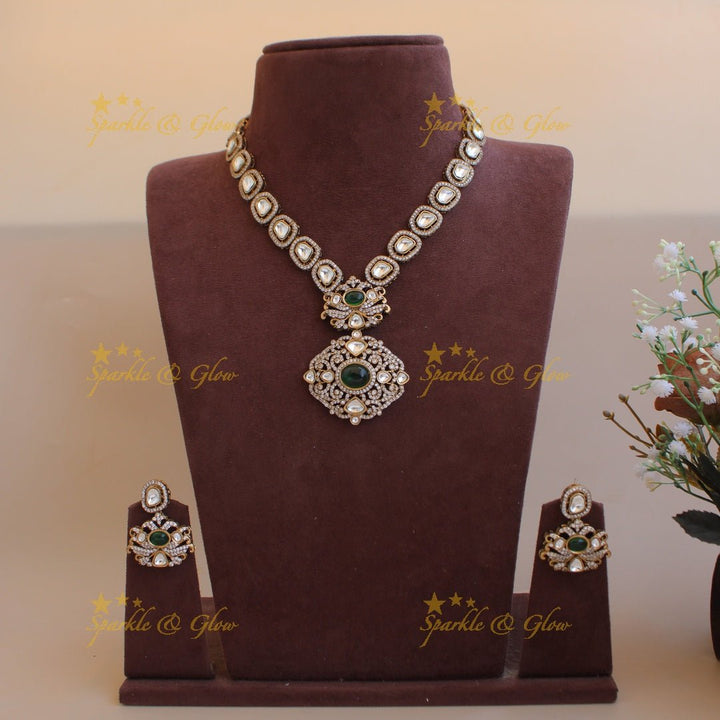 Stunning floral pendant victorian AD short necklace with maroon colour stones - Sparkle and Glow - Mintgreen - Back Thread
