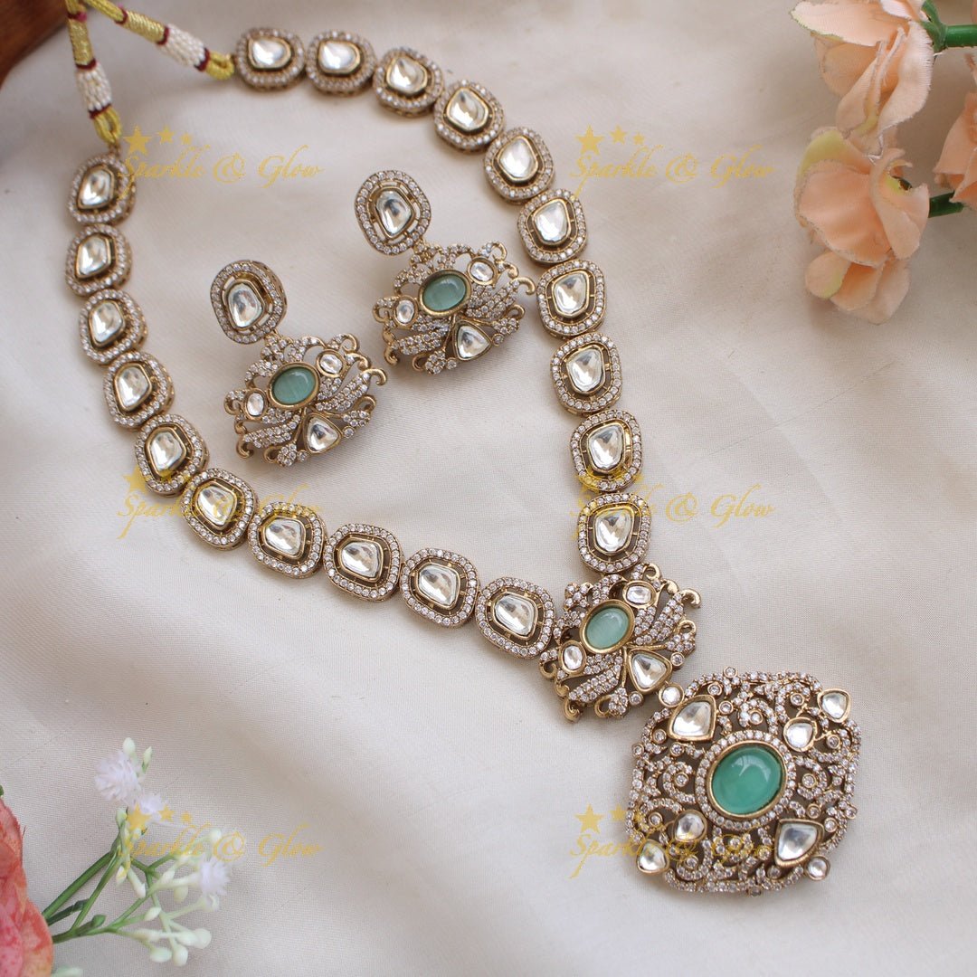 Stunning floral pendant victorian AD short necklace with maroon colour stones - Sparkle and Glow - Mintgreen - Back Thread
