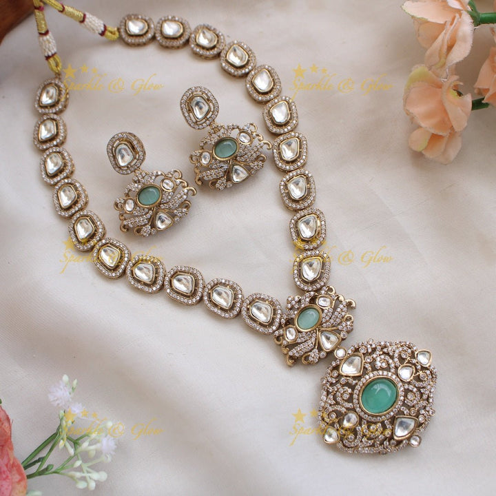 Stunning floral pendant victorian AD short necklace with maroon colour stones - Sparkle and Glow - Mintgreen - Back Thread
