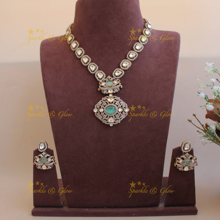 Stunning floral pendant victorian AD short necklace with maroon colour stones - Sparkle and Glow - Mintgreen - Back Thread
