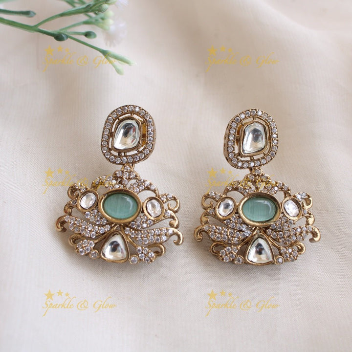 Stunning floral pendant victorian AD short necklace with maroon colour stones - Sparkle and Glow - Mintgreen - Back Thread