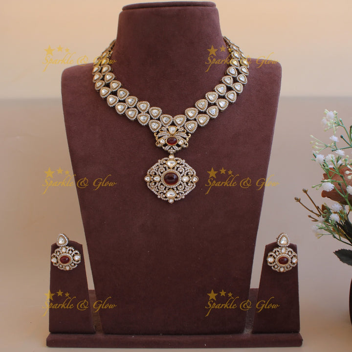 Exclusive floral pendant two layer victorian AD short necklace with maroon colour stones