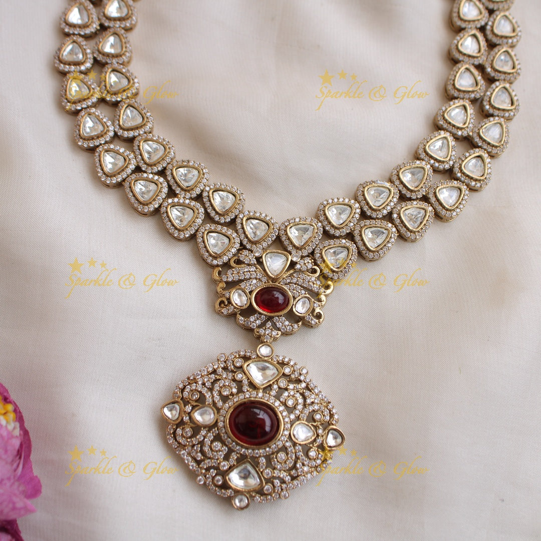 Exclusive floral pendant two layer victorian AD short necklace with maroon colour stones