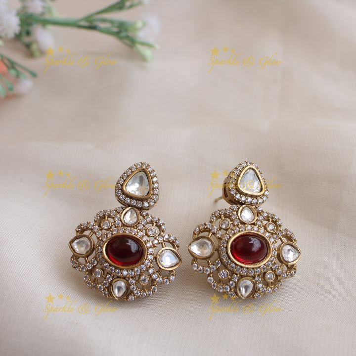Exclusive floral pendant two layer victorian AD short necklace with maroon colour stones