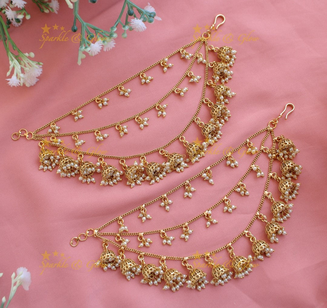 Elegant Three layered Jhumuka design Earchain-Gold