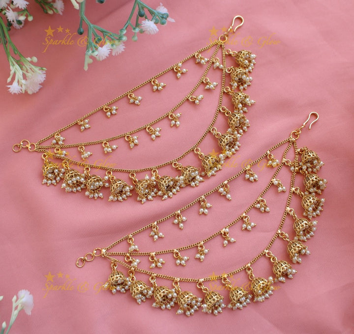 Elegant Three layered Jhumuka design Earchain-Gold