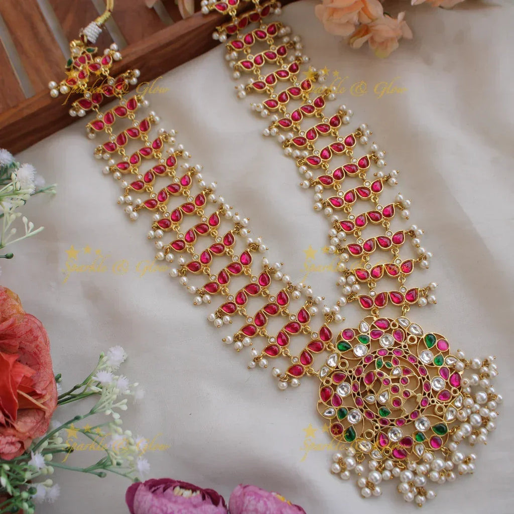 Floral Jadau Long Haram with Pearls & Beads
