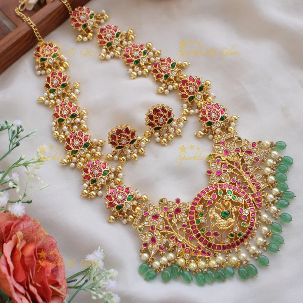 Exclusive Gheru gold jadau lotus peacock curved Long Haram - Sparkle and Glow