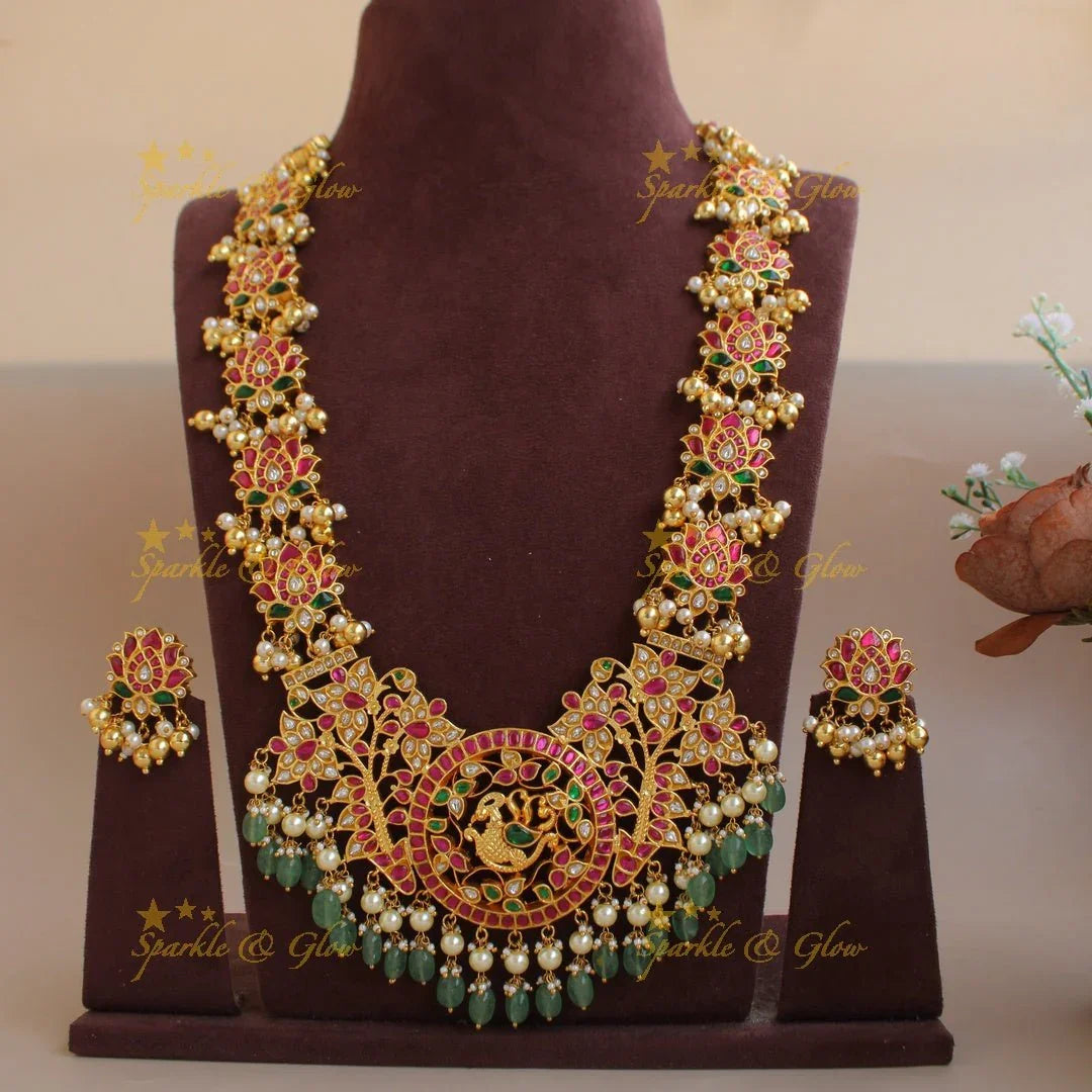 Exclusive Gheru gold jadau lotus peacock curved Long Haram - Sparkle and Glow
