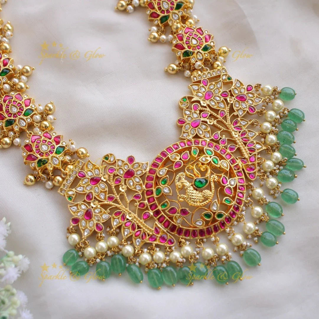 Exclusive Gheru gold jadau lotus peacock curved Long Haram - Sparkle and Glow