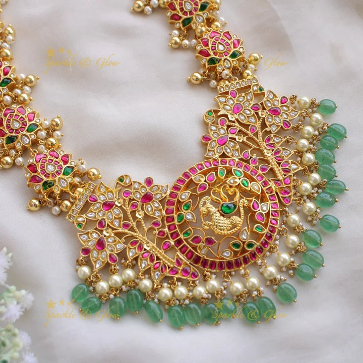 Exclusive Gheru gold jadau lotus peacock curved Long Haram - Sparkle and Glow