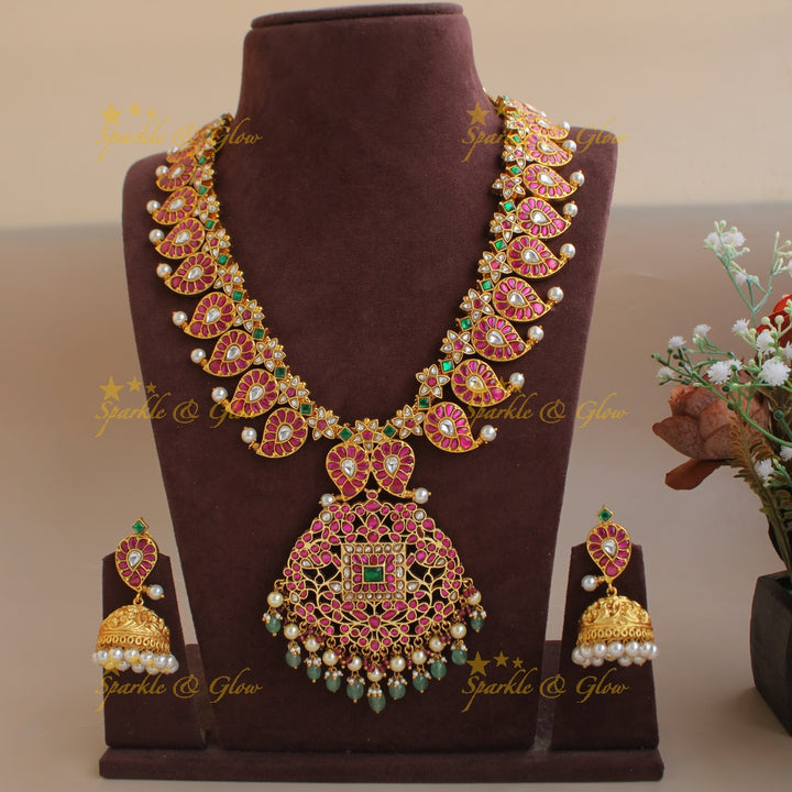 Jadau Kundan Mango long Haram with  mint Green and pearl beads