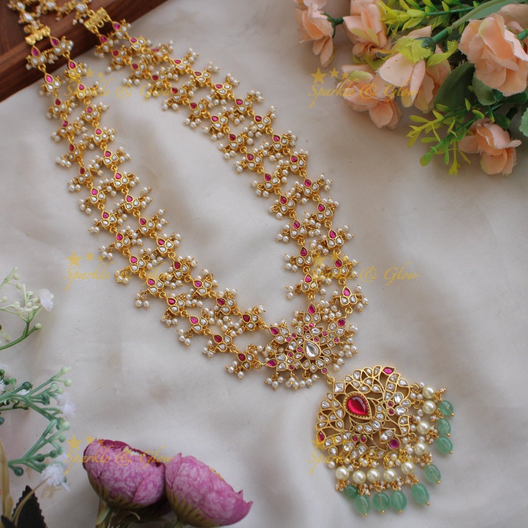 Stunning jadau long haram with red and white stone and mint green beads - Sparkle and Glow - RedgreenWhite - Back Thread
