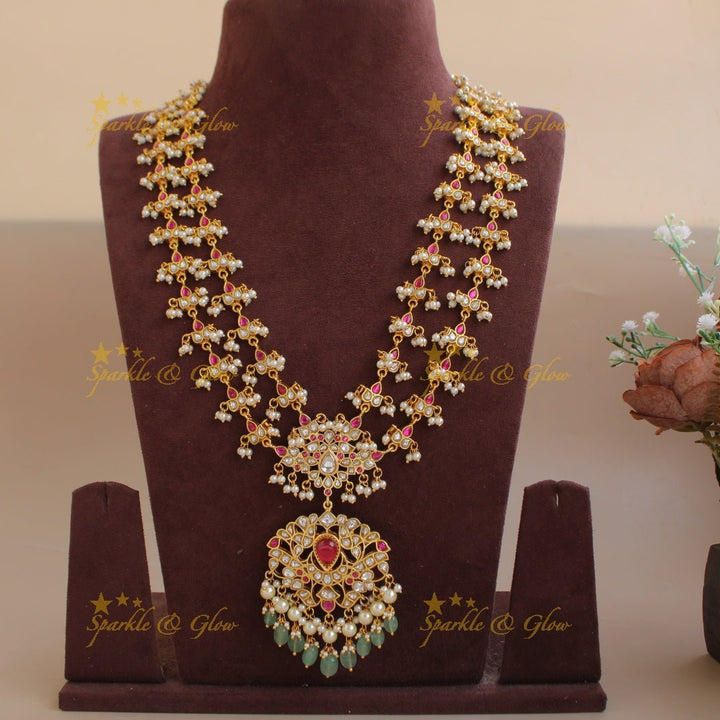 Stunning jadau long haram with red and white stone and mint green beads - Sparkle and Glow - RedgreenWhite - Back Thread