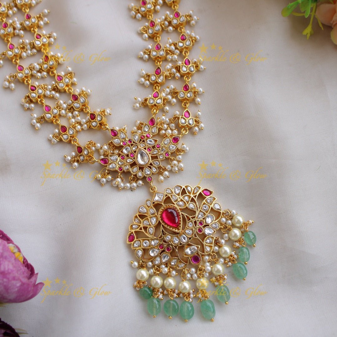 Stunning jadau long haram with red and white stone and mint green beads - Sparkle and Glow - RedWhite - Back Thread