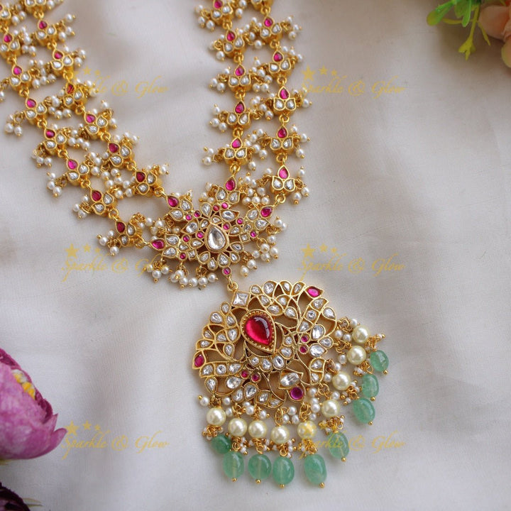Stunning jadau long haram with red and white stone and mint green beads - Sparkle and Glow - RedWhite - Back Thread
