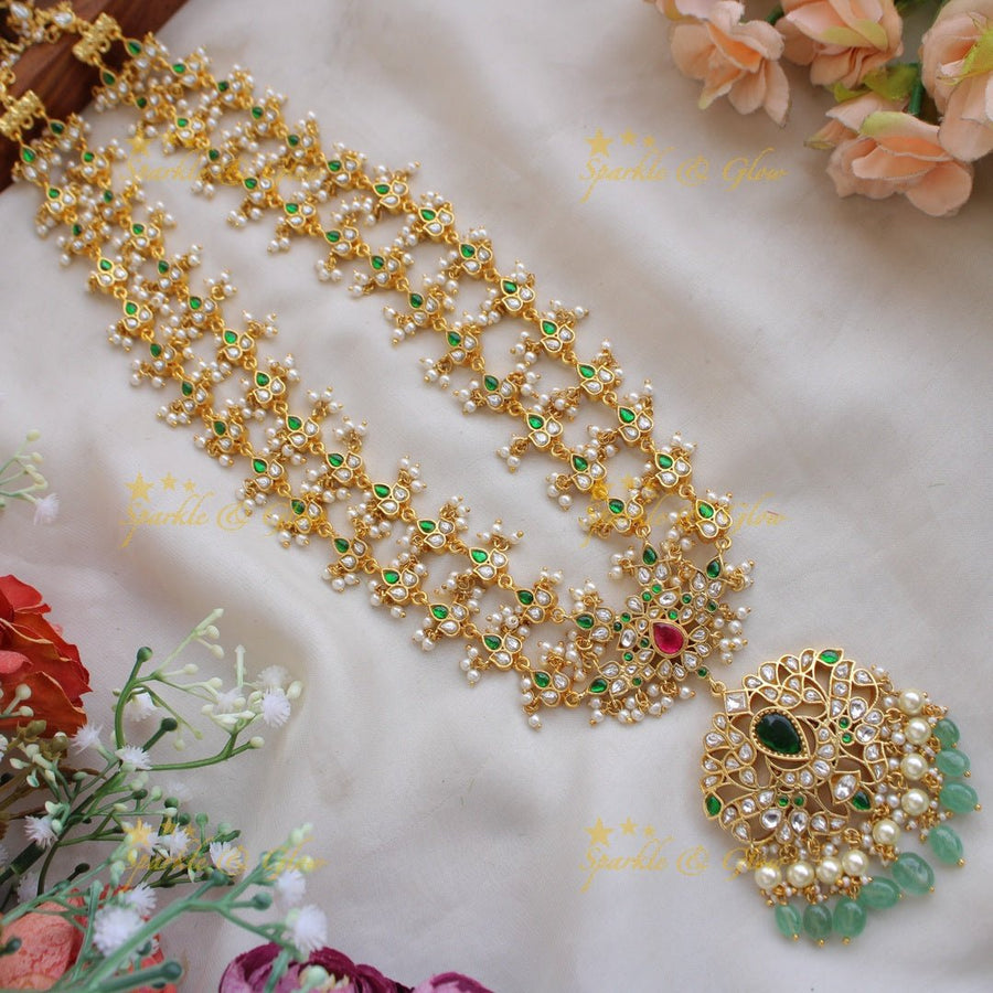 Stunning jadau long haram with red and white stone and mint green beads - Sparkle and Glow - RedWhite - Back Thread