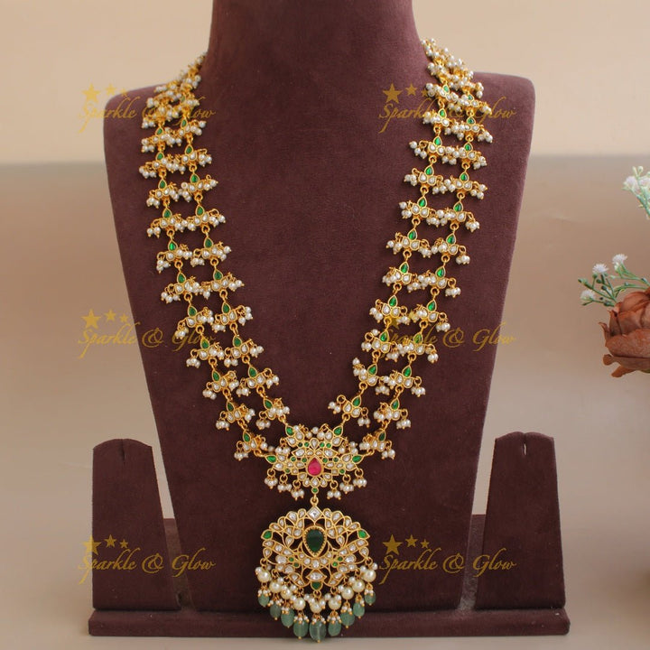 Stunning jadau long haram with red and white stone and mint green beads - Sparkle and Glow - RedgreenWhite - Back Thread