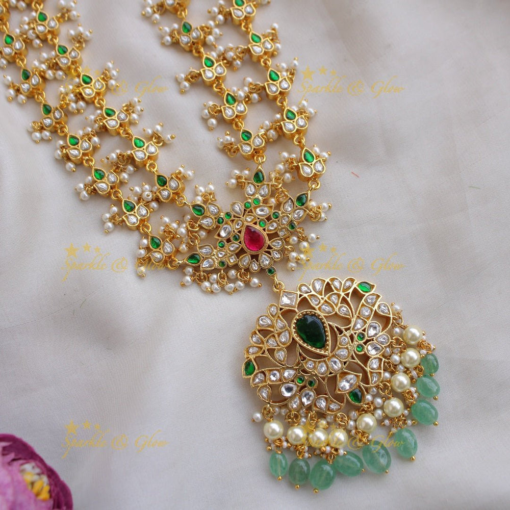 Stunning jadau long haram with red and white stone and mint green beads - Sparkle and Glow - RedWhite - Back Thread