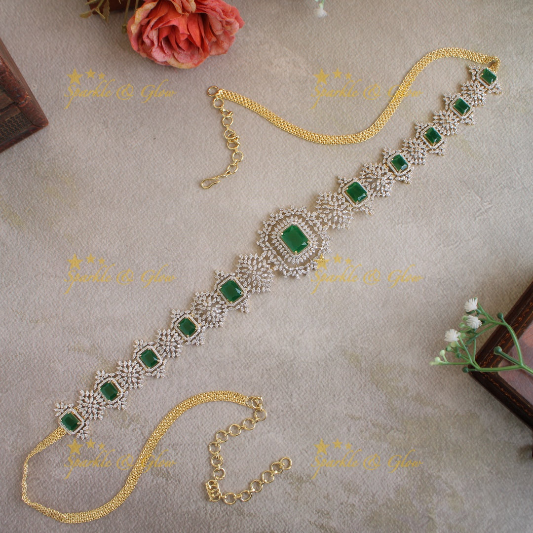GJ polish Sparkling Floral design american diamond hipchain with emeralds