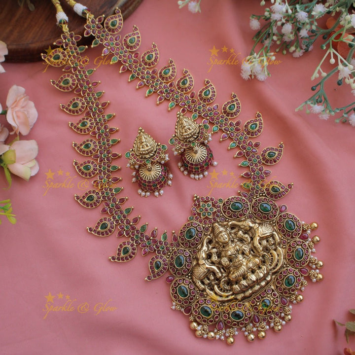 Exquisite Lakshmi elephant carved mango kemp stone haram with pearl and gold beads - red green - Sparkle and Glow - Redgreen - Back Thread
