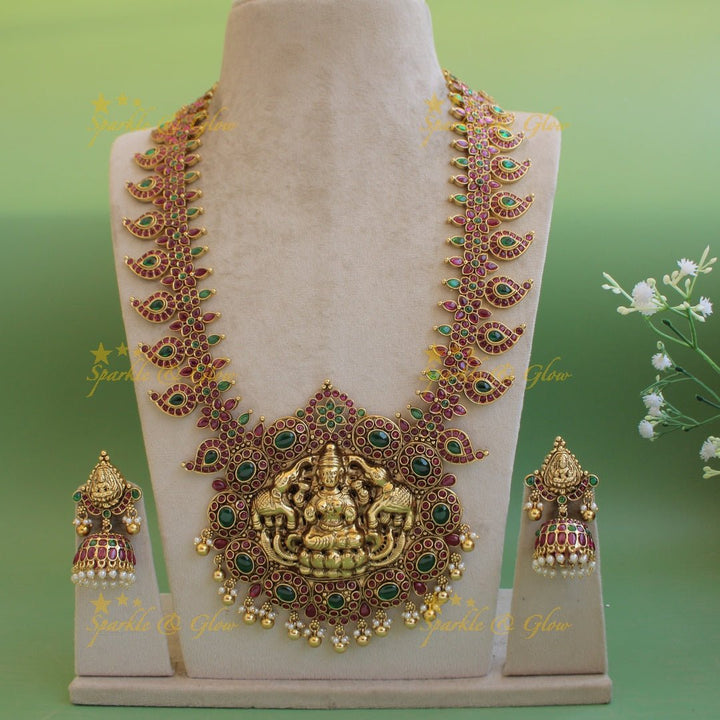 Exquisite Lakshmi elephant carved mango kemp stone haram with pearl and gold beads - red green - Sparkle and Glow - Whitegreen - Back Thread
