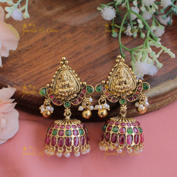 Exquisite Lakshmi elephant carved mango kemp stone haram with pearl and gold beads - red green - Sparkle and Glow - Redgreen - Back Thread
