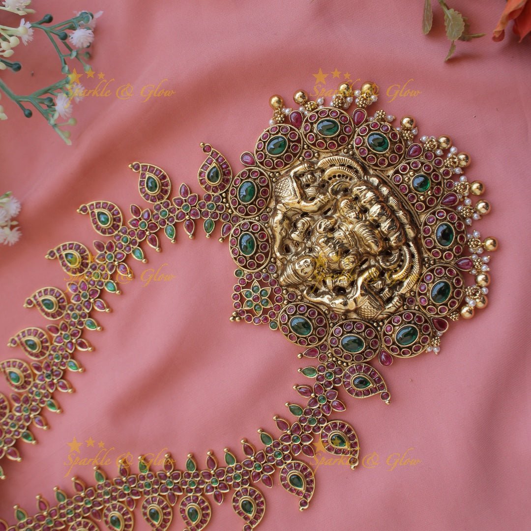 Exquisite Lakshmi elephant carved mango kemp stone haram with pearl and gold beads - red green - Sparkle and Glow - Whitegreen - Back Thread